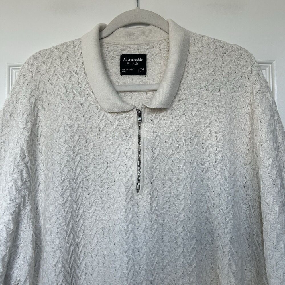 Abercrombie & Fitch Mens Cable Knit Short Sleeve Sweater XL Collar 1/4 Zip Cream